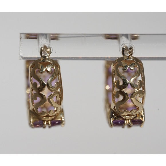 Vintage 14k Solid Yellow Gold Natural Ameythyst Huggie Hoop Earrings - Mexico - Picture 5 of 7